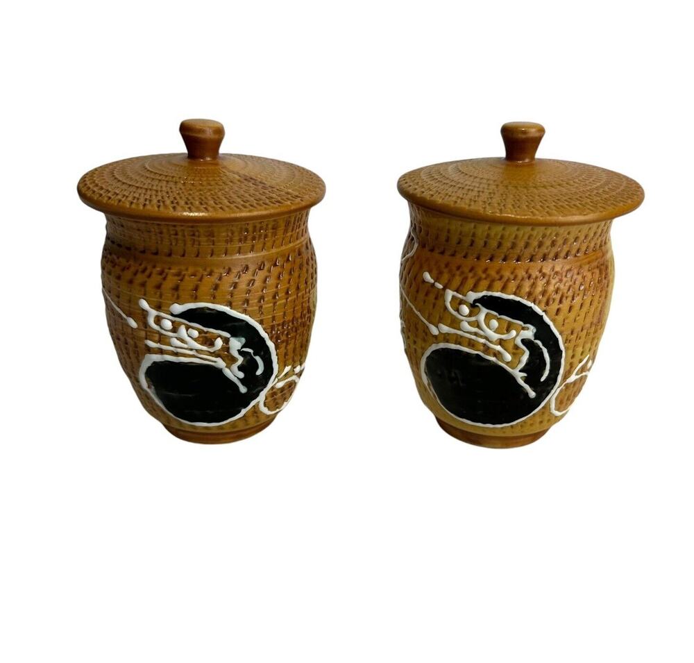 vintage Textured ceramic stoneware pottery Covered Jar set